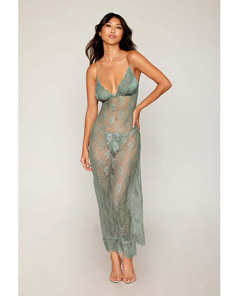 Eyelash Lace & Satin Long Chemise w/G-String - Sage Green XL