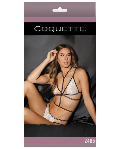Fashion Stretch Lace Bralette & Crotchless Panty W-harness White-black O-s