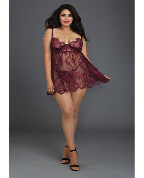 Eyelash Lace Babydoll W-underwire Cups & Lace Thong Mulberry 2x