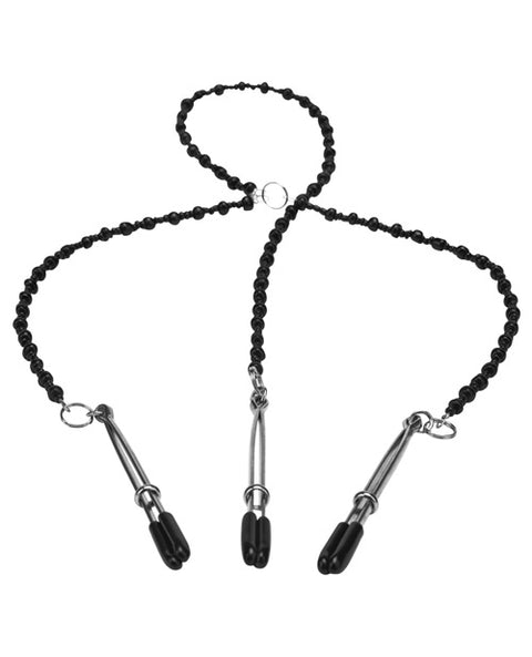 Steamy Shades Y-style Deluxe Beaded Nipple Clamps - Black-silver