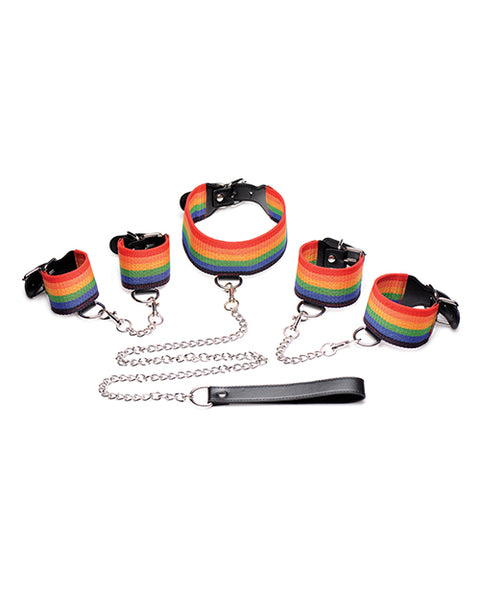 No Eta Master Series Kinky Pride Rainbow Bondage Set - Wrist & Ankle Cuffs & Collar W-leash