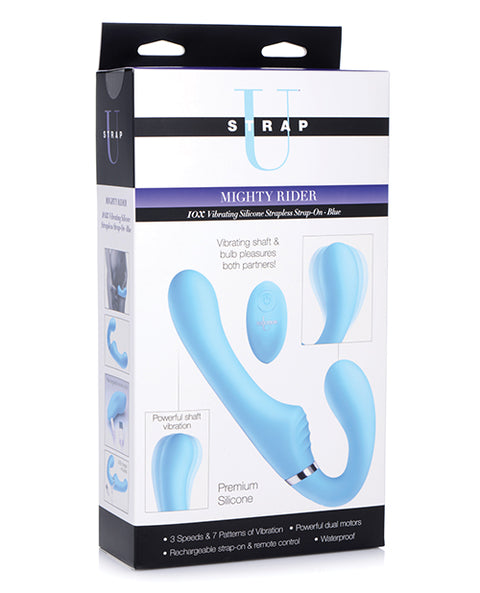 Strap U Mighty Rider 10x Vibrating Silicone Strapless Strap On - Blue